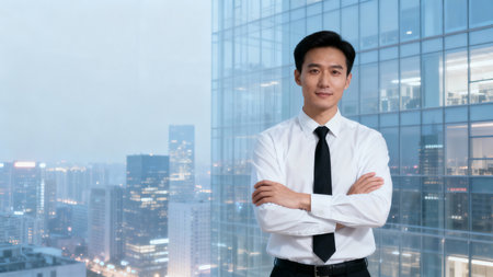 Portrait of young asian business man with arms crossed in modern city backgroundの素材