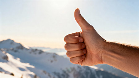 Male hand showing thumbs up gesture on the background of the snowy mountainsの素材