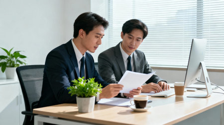 Two business people discussing and working together at meeting room in office.の素材