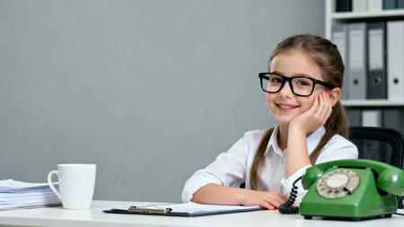 Portrait of a smiling little girl in glasses sitting at the table and talking on the phoneの素材