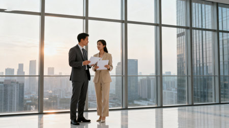Businessman and businesswoman standing in office with cityscape background.の素材