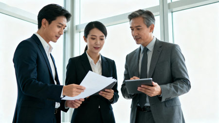 Business people discussing the charts and graphs showing the results of their successful teamworkの素材