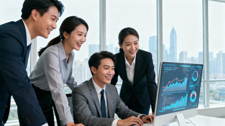 Group of business people working together in office with financial chart on computer monitor.の素材
