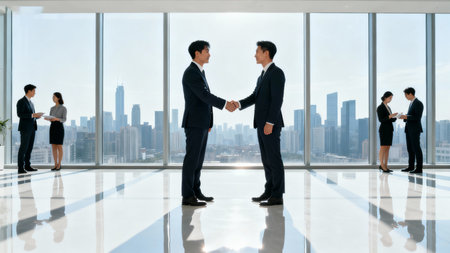 Business people shaking hands in modern office with panoramic window and city viewの素材