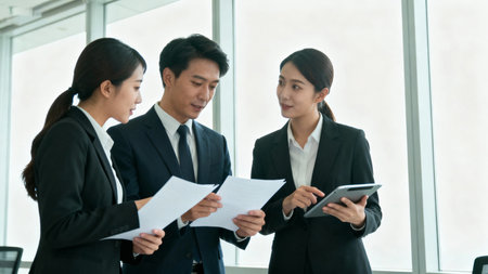 Group of business people meeting and discussing the charts and graphs showing the results of their successful teamworkの素材