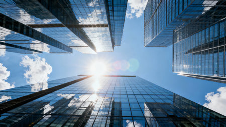 Low angle view of skyscrapers in business district against blue skyの素材