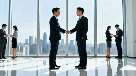 Business people shaking hands in modern office with panoramic window.の素材