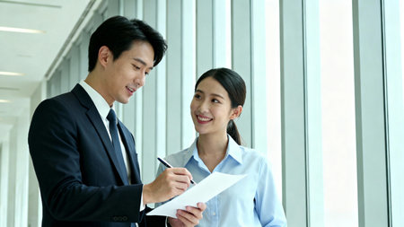 Businessman and businesswoman discussing document in meeting room. Asian peopleの素材