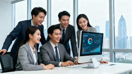 Business people wearing headset working in office to support remote customer or colleague. Call center, telemarketing, customer support agent provide service on telephone video conference call.の素材
