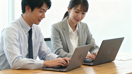 Businessman and businesswoman working together on laptop computer in office.の素材