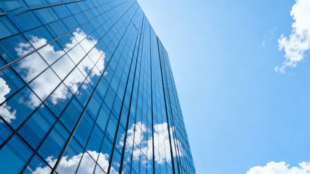Reflection of blue sky and clouds in glass wall of office buildingの素材