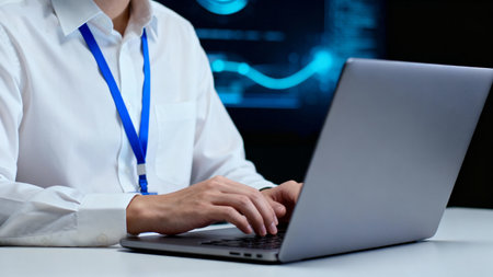 Businessman working with laptop in office. Close-up of male hands typing on laptop keyboardの素材