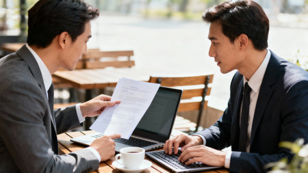 Two young businessmen discussing documents and ideas at a coffee shop. Business concept.の素材