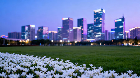 Flower garden and skyscrapers in the city at night.の素材