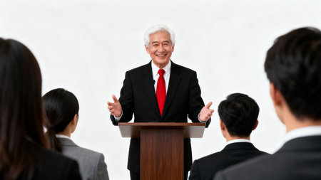 Portrait of a senior businessman giving a speech in a conference roomの素材
