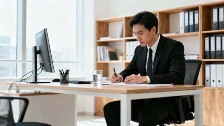 Portrait of young Asian businessman working with computer in modern office.の素材