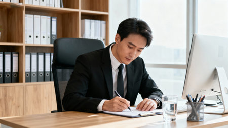 Young Asian businessman writing in notebook at his workplace in the office.の素材
