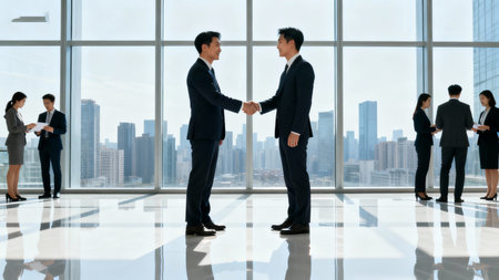 Business people shaking hands in a modern office building with panoramic windowsの素材