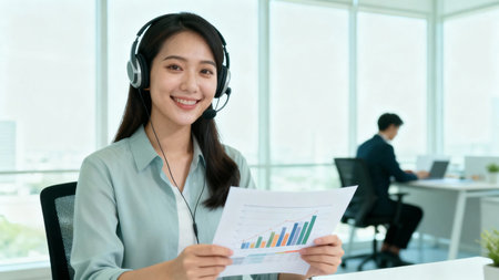 Portrait of business people wearing headset working in office. Call center, telemarketing, customer support agent provide service on telephone video conference call.の素材