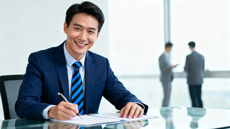 Portrait of happy young Asian businessman sitting at office desk and writing in his notebookの素材