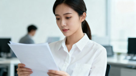 Portrait of young Asian businesswoman reading document while working in officeの素材