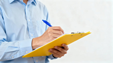Close up of businessman writing on clipboard with blue pen in hand.の素材