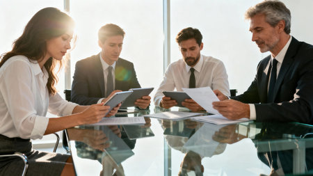 Group of business people working together in modern office. Selective focusの素材