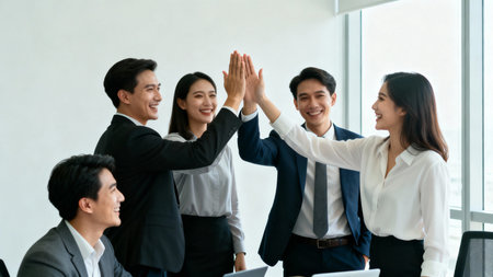 Successful business team giving high five to each other in office.の素材