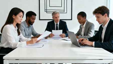 Group of business people working together in office. Multiethnic group of business people sitting at table and working together.の素材