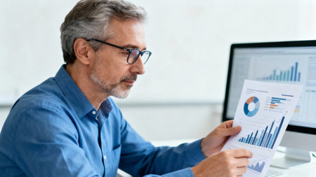 mature businessman in eyeglasses working with financial charts in officeの素材