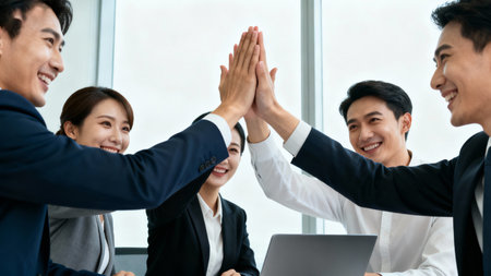 Successful business people group giving high five in office. Asian peopleの素材