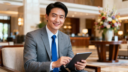 Smiling asian businessman using digital tablet in lobby of hotel.の素材