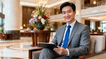 Portrait of a handsome asian businessman using tablet computer in hotel lobbyの素材