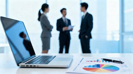 Laptop computer with blank screen on table with business people in backgroundの素材