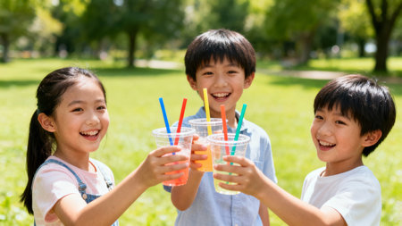 group of happy asian kids drinking juice in the park at summerの素材
