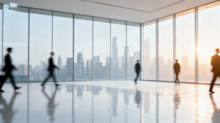 Silhouettes of business people walking in a modern office with panoramic windowsの素材