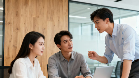 Group of business people discussing the charts and graphs showing the results of their successful teamworkの素材