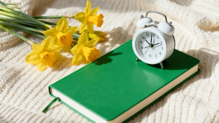 Vintage alarm clock, book and daffodils on knitted backgroundの素材
