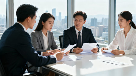 Business people having a meeting in modern office. Business people discussing the charts and graphs showing the results of their successful teamwork.の素材
