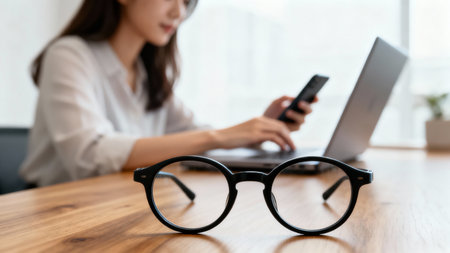 Close up of businesswoman using smart phone and laptop computer at desk in officeの素材