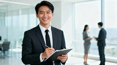 Young asian business man writing on clipboard in office with colleagues in the backgroundの素材