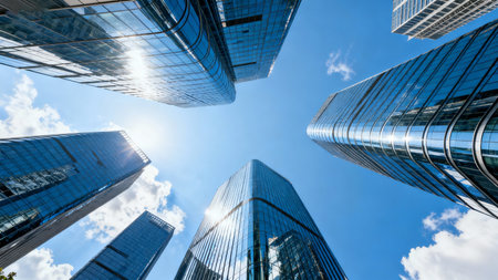 Low angle view of modern skyscrapers in Hongkongの素材