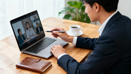 Businessman using laptop for video call with diverse colleagues. Online meeting concept.の素材