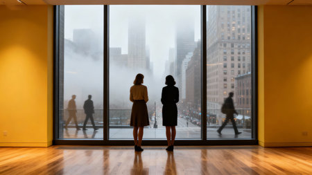 Silhouette of two businesswomen standing in front of a windowの素材
