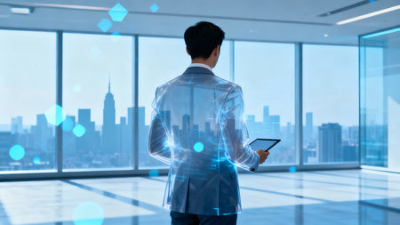 Businessman using tablet computer in modern office interior with hologram projection. Mixed mediaの素材