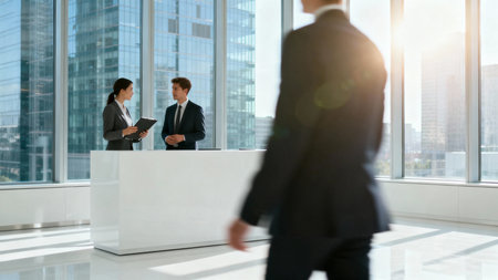 Business people walking in modern office lobby with panoramic windows.の素材