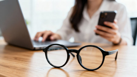 Businesswoman using smart phone and laptop computer on wooden table in office.の素材