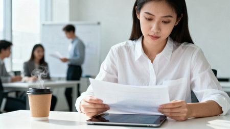Close up of businesswoman reading document and using tablet computer while sitting in officeの素材