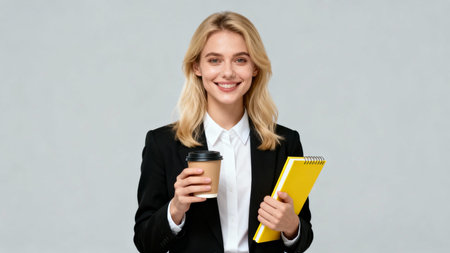 business, education and people concept - smiling businesswoman with notepad and coffee cup over gray backgroundの素材