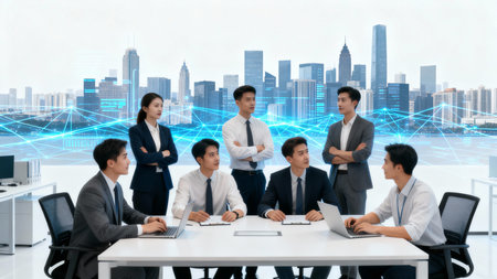 Group of business people working together in modern office with double exposure of world map hologram.の素材